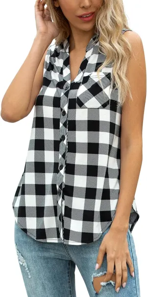 Women's Sleeveless Button Down V Neck Casual Plaid Shirts Tank Tops Blouse