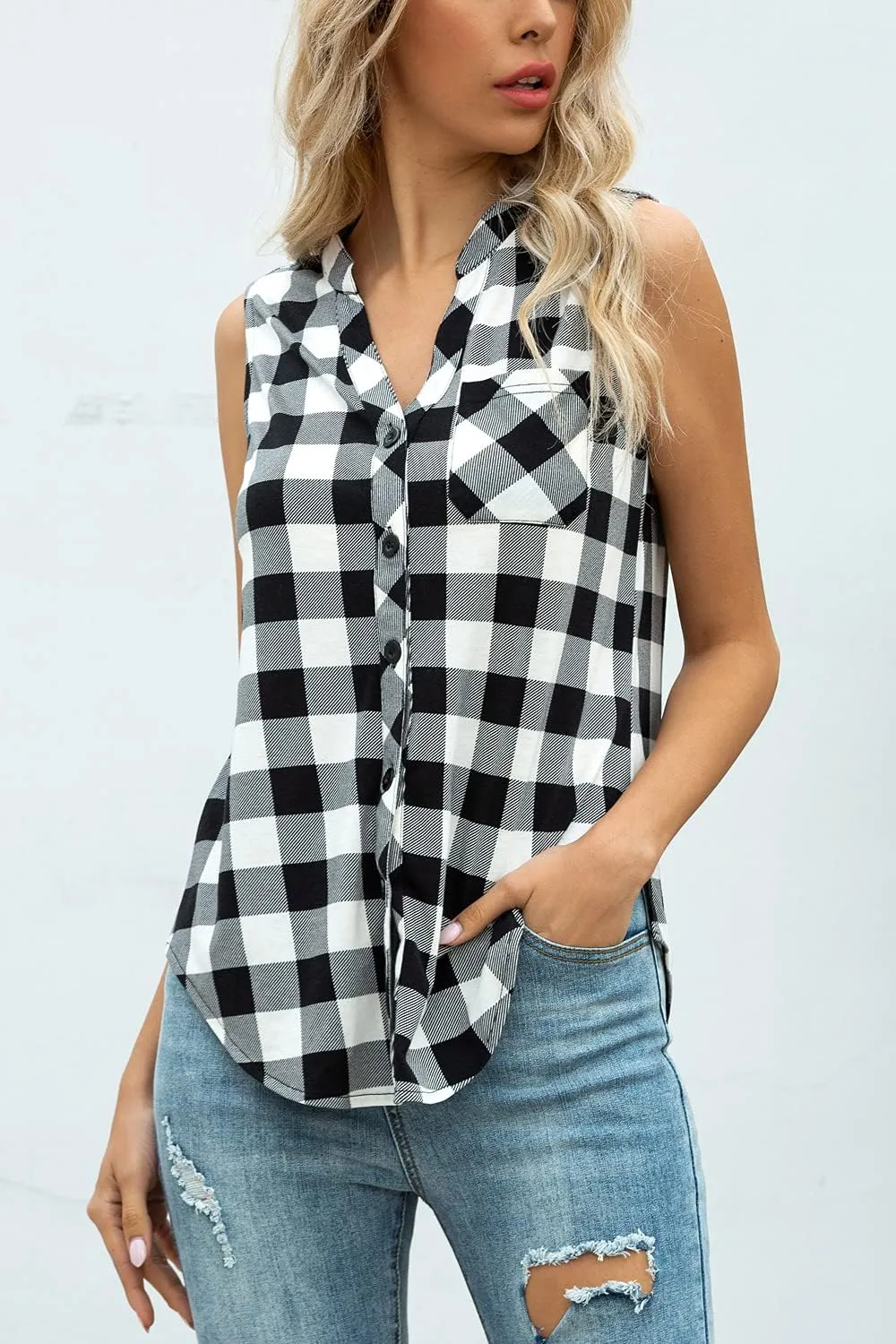 Women's Sleeveless Button Down V Neck Casual Plaid Shirts Tank Tops Blouse