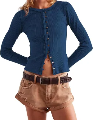 Womens Slim Fitted Cardigan Long Sleeve Y2K Ribbed Tops Button Down Shirts