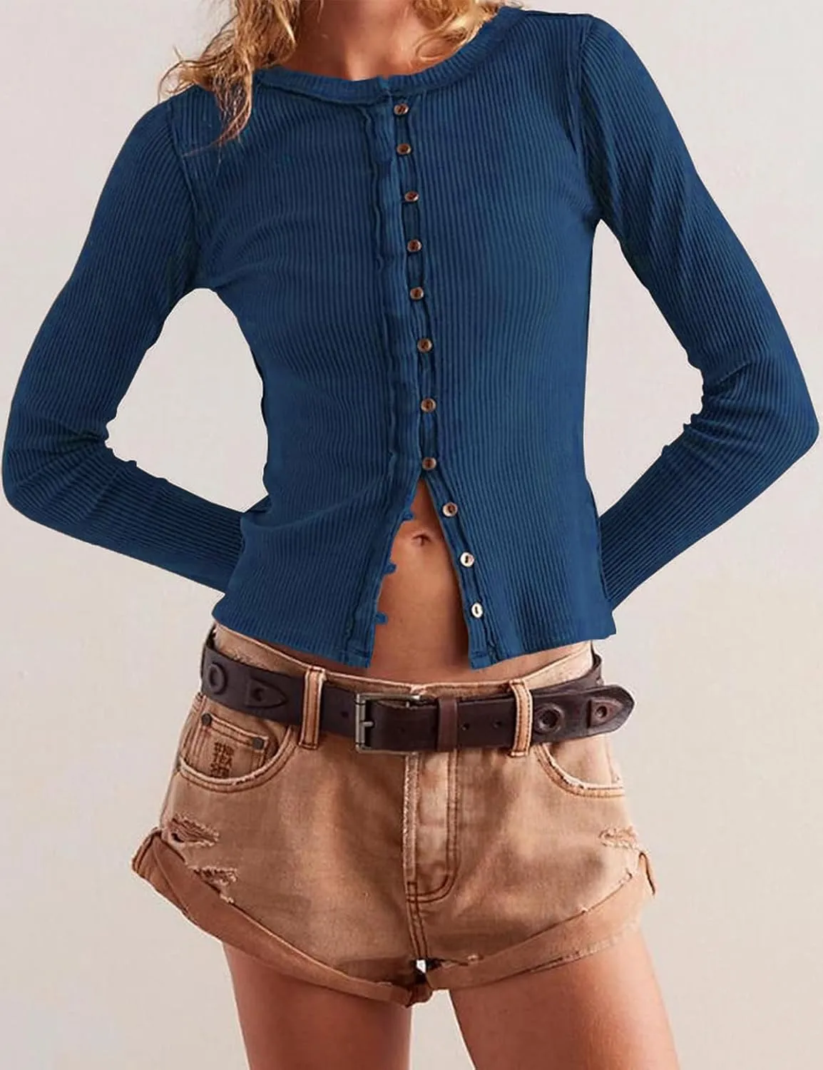 Womens Slim Fitted Cardigan Long Sleeve Y2K Ribbed Tops Button Down Shirts