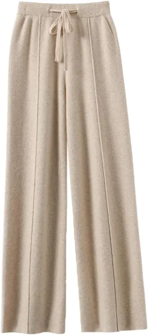 Women's Solid High Waist Knitted Wide Leg Pant Fall Winter Warm Drawstring Elastic Wide Leg Pants