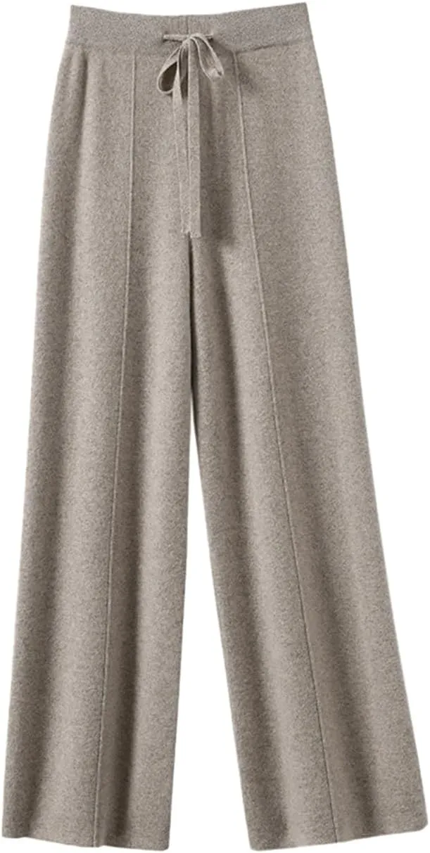Women's Solid High Waist Knitted Wide Leg Pant Fall Winter Warm Drawstring Elastic Wide Leg Pants