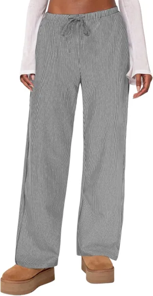 Womens Striped Pajama Pants Cotton Comfy Lounge Pj Pants Casual Wide Leg Drawstring Elastic Sleep Bottoms with Pockets