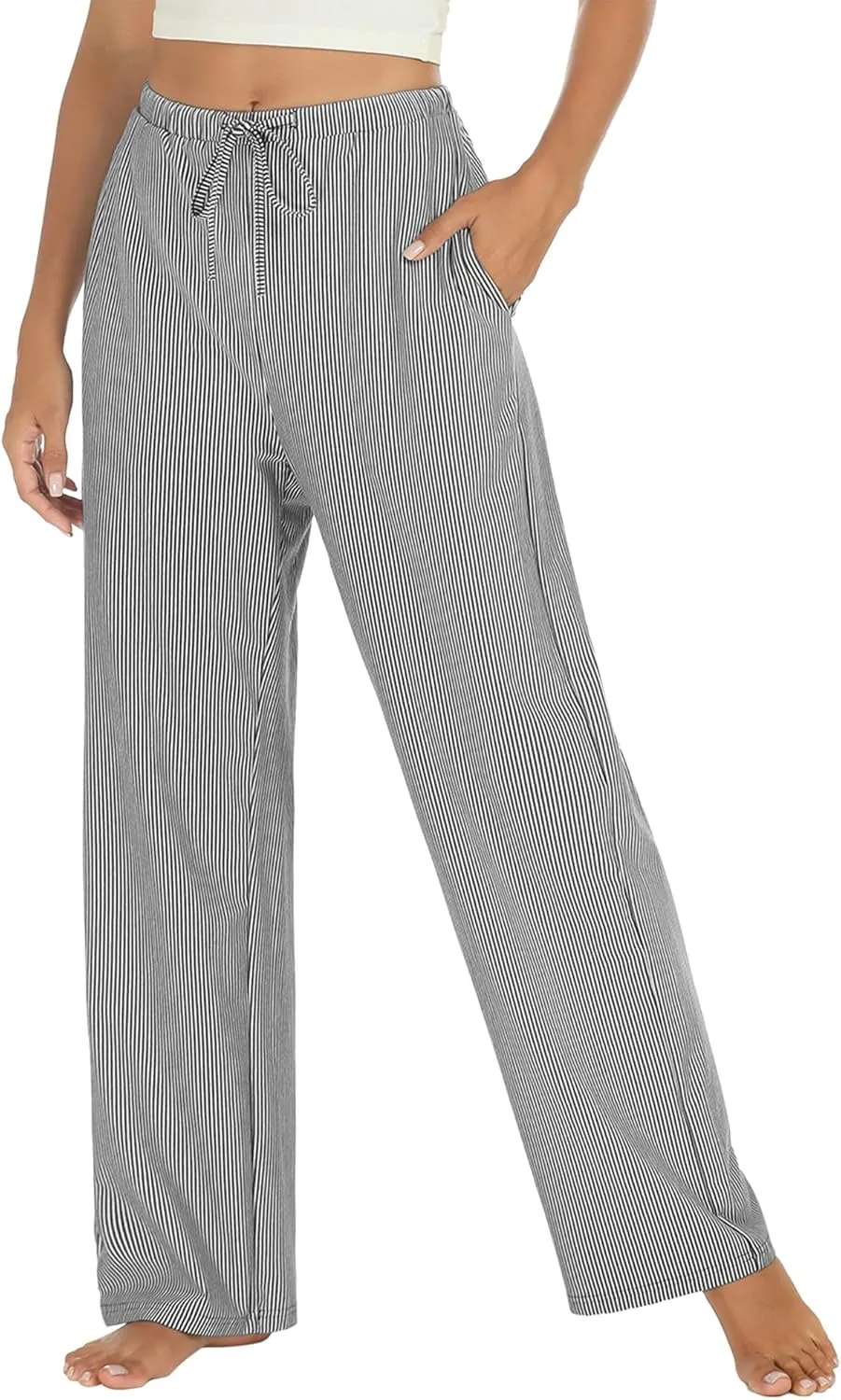 Womens Striped Pajama Pants Cotton Comfy Lounge Pj Pants Casual Wide Leg Drawstring Elastic Sleep Bottoms with Pockets