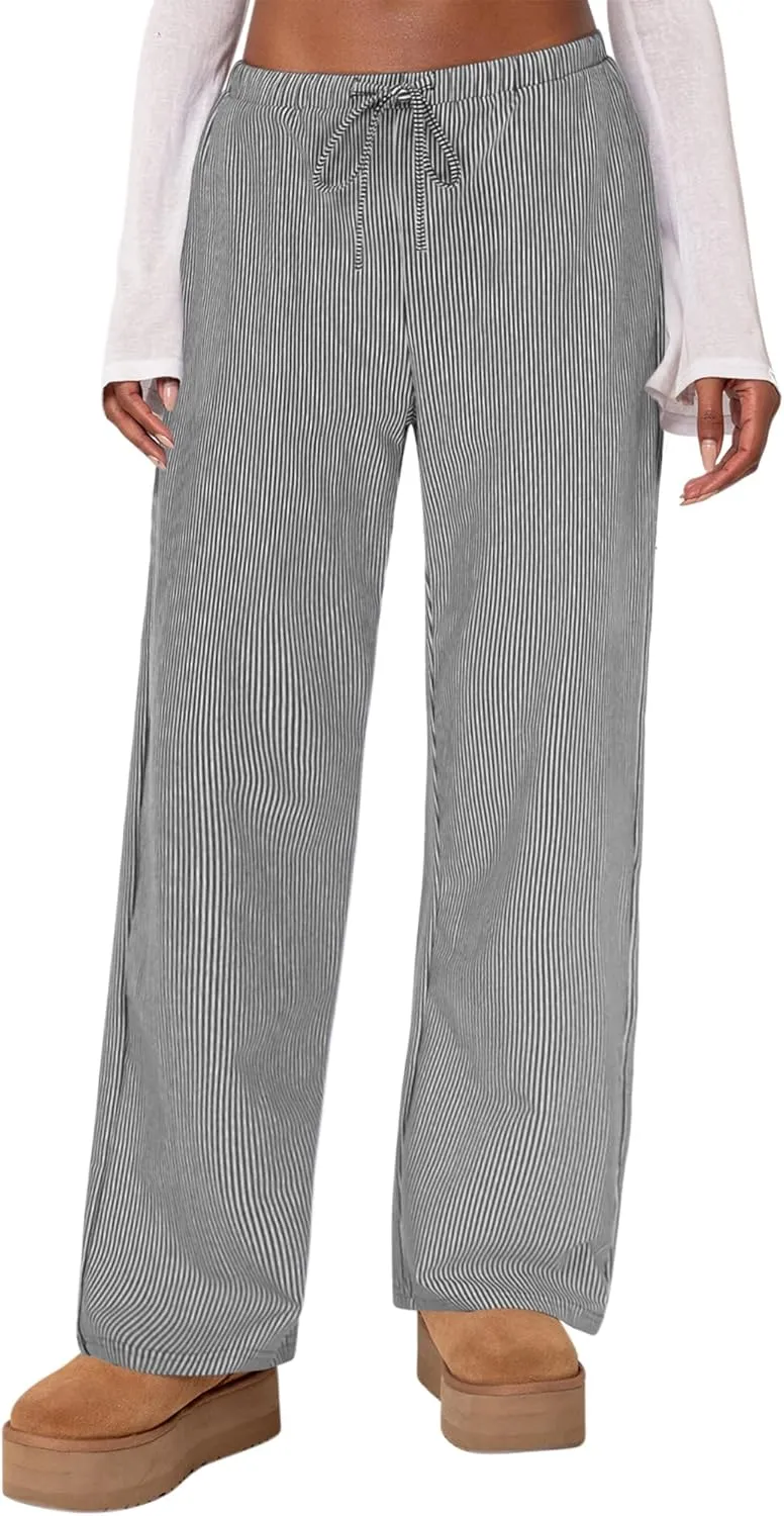 Womens Striped Pajama Pants Cotton Comfy Lounge Pj Pants Casual Wide Leg Drawstring Elastic Sleep Bottoms with Pockets