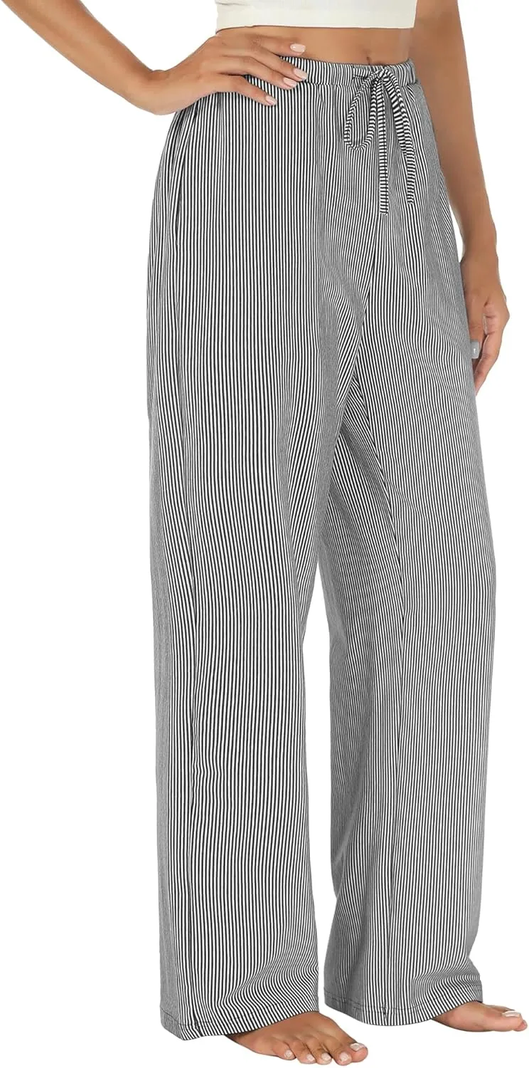 Womens Striped Pajama Pants Cotton Comfy Lounge Pj Pants Casual Wide Leg Drawstring Elastic Sleep Bottoms with Pockets