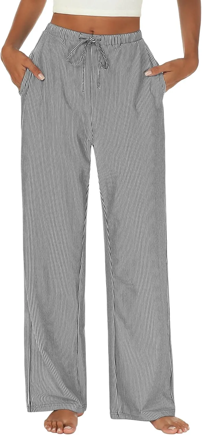 Womens Striped Pajama Pants Cotton Comfy Lounge Pj Pants Casual Wide Leg Drawstring Elastic Sleep Bottoms with Pockets