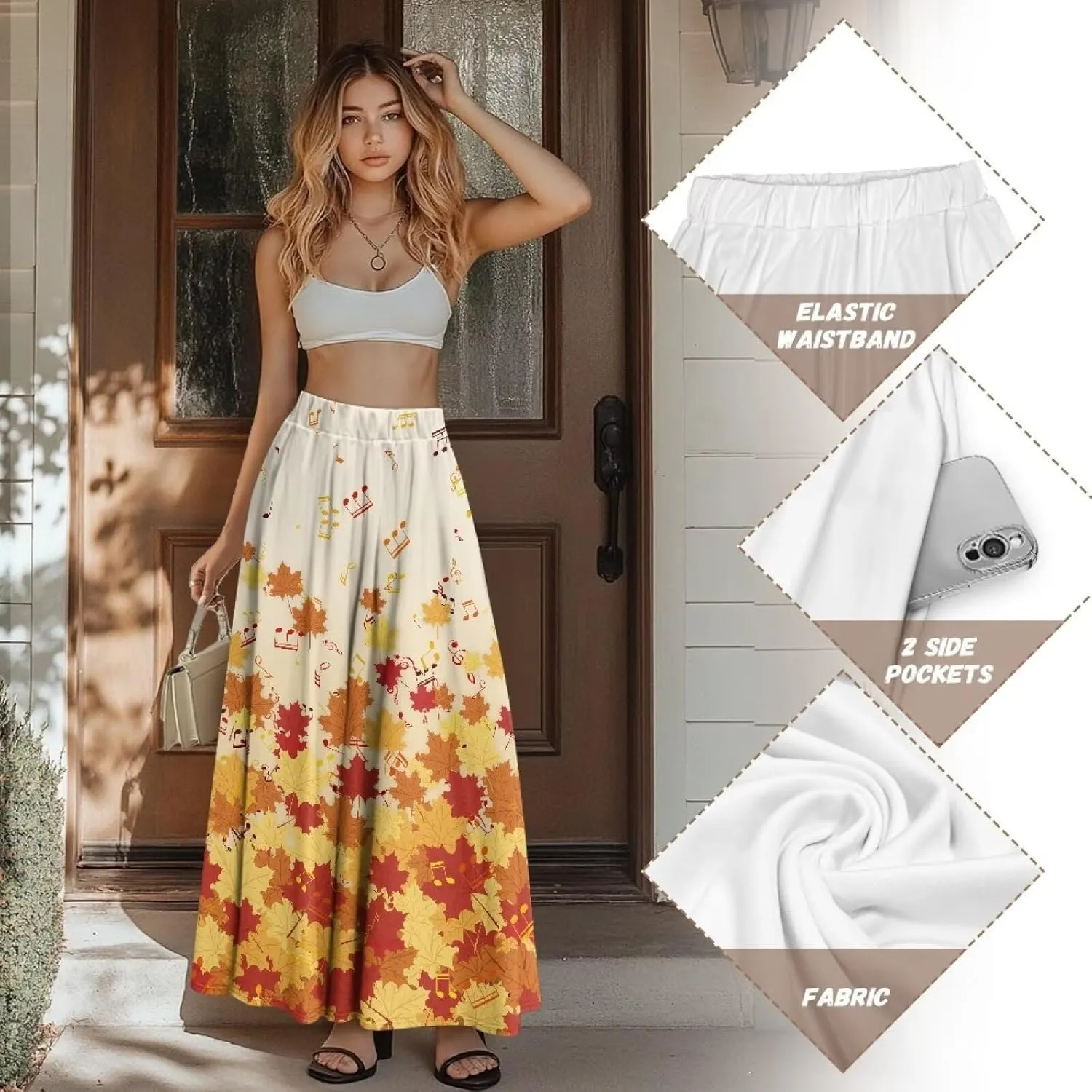 Women's Styleish Flare Long Maxi Skirt Pleated Elastic High Waist A-Line Boho Skirts Flowy Swing Midi Long Skirt with Pockets