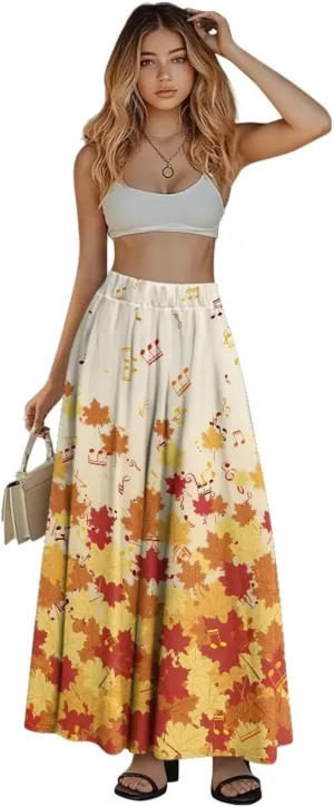 Women's Styleish Flare Long Maxi Skirt Pleated Elastic High Waist A-Line Boho Skirts Flowy Swing Midi Long Skirt with Pockets