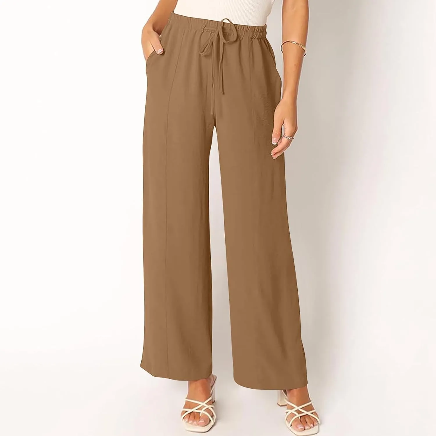 Women's Summer Casual Solid Color Cotton Linen Trousers Drawstring Elastic High Waist Wide Leg Pants with 4 Pockets