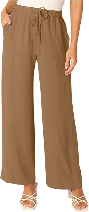 Women's Summer Casual Solid Color Cotton Linen Trousers Drawstring Elastic High Waist Wide Leg Pants with 4 Pockets