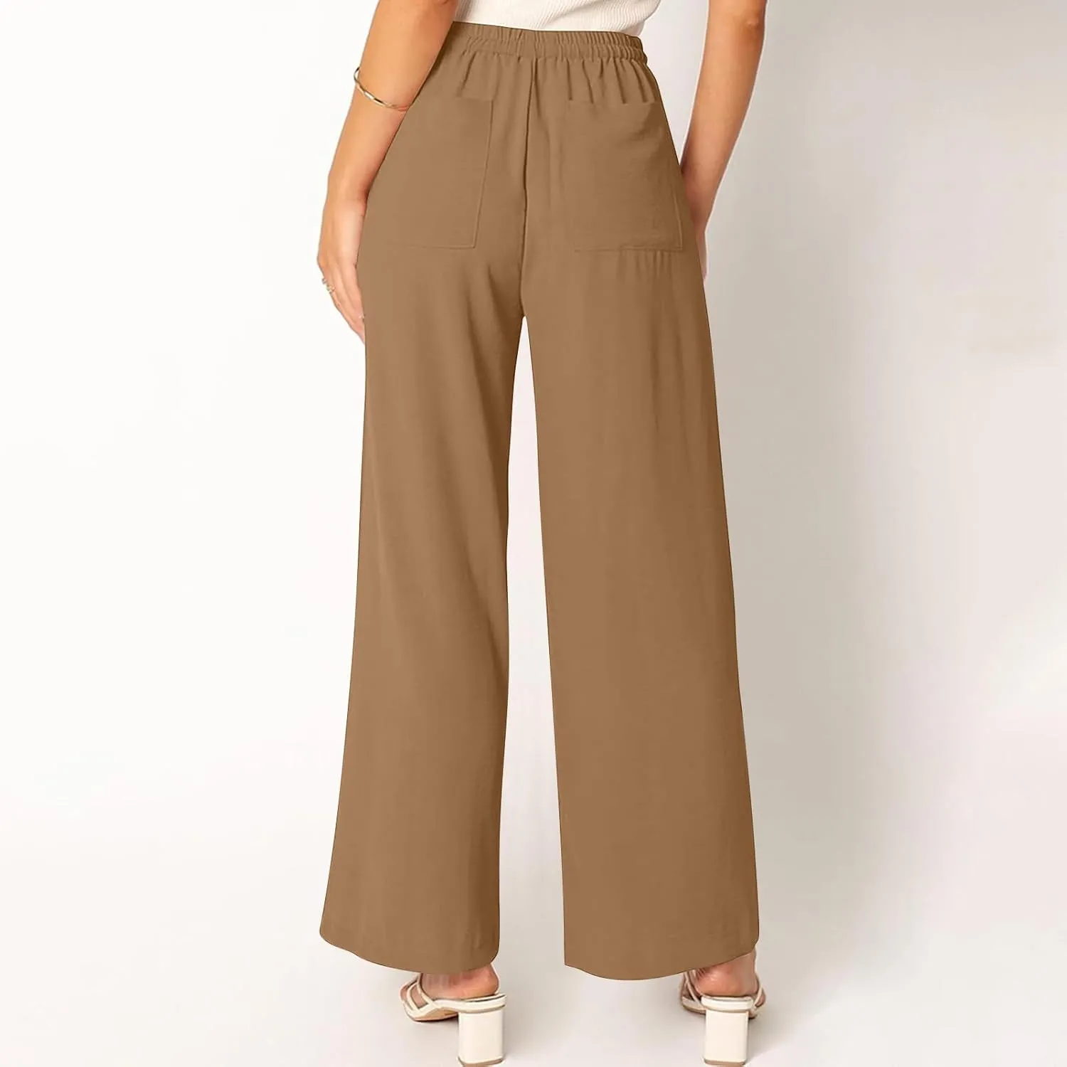 Women's Summer Casual Solid Color Cotton Linen Trousers Drawstring Elastic High Waist Wide Leg Pants with 4 Pockets