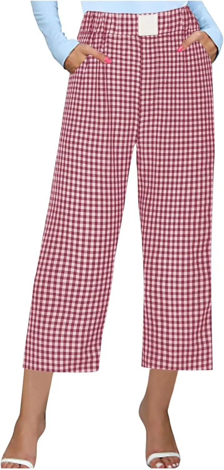 Women's Summer Elastic High Waisted Plaid Straight Leg Cropped Pants Casual Loose Gingham Trousers with Pockets