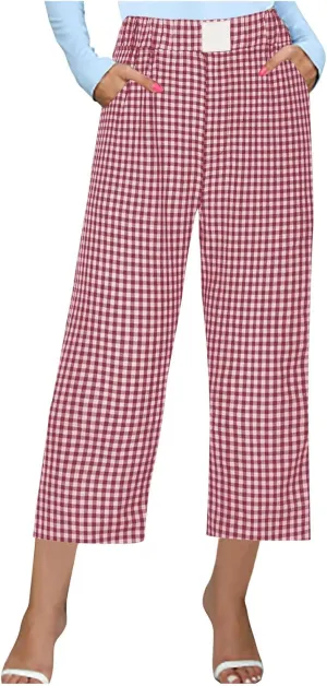 Women's Summer Elastic High Waisted Plaid Straight Leg Cropped Pants Casual Loose Gingham Trousers with Pockets