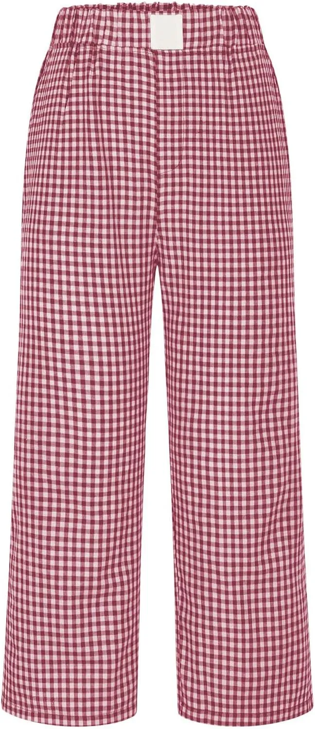 Women's Summer Elastic High Waisted Plaid Straight Leg Cropped Pants Casual Loose Gingham Trousers with Pockets