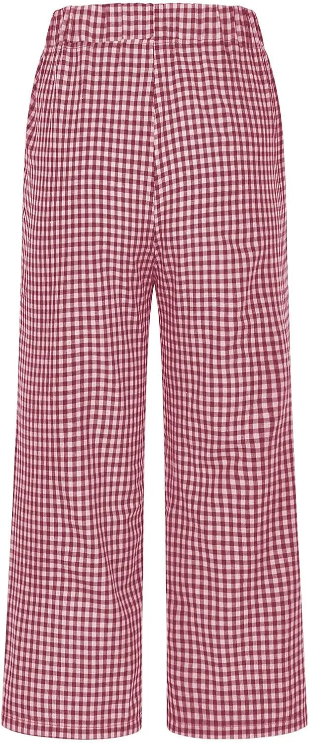 Women's Summer Elastic High Waisted Plaid Straight Leg Cropped Pants Casual Loose Gingham Trousers with Pockets