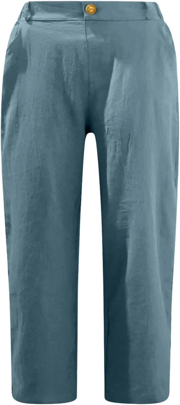 Women's Summer Flowy Linen Palazzo Wide Leg Pants Plus Size High Waist Pant High Slit Trousers with Pockets