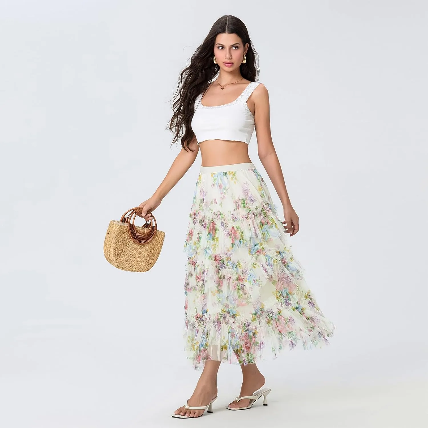 Women's Tulle Midi Skirt Elastic High Waist Layered Pleated Mesh Flowy A-Line Prom Party Long Tutu Skirts