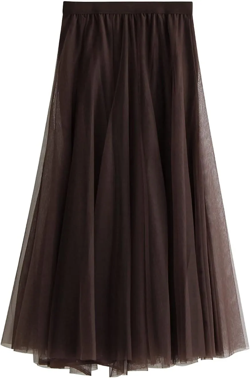 Women's Tulle Midi Skirt Elastic High Waist Layered Pleated Mesh Flowy A-Line Prom Party Long Tutu Skirts