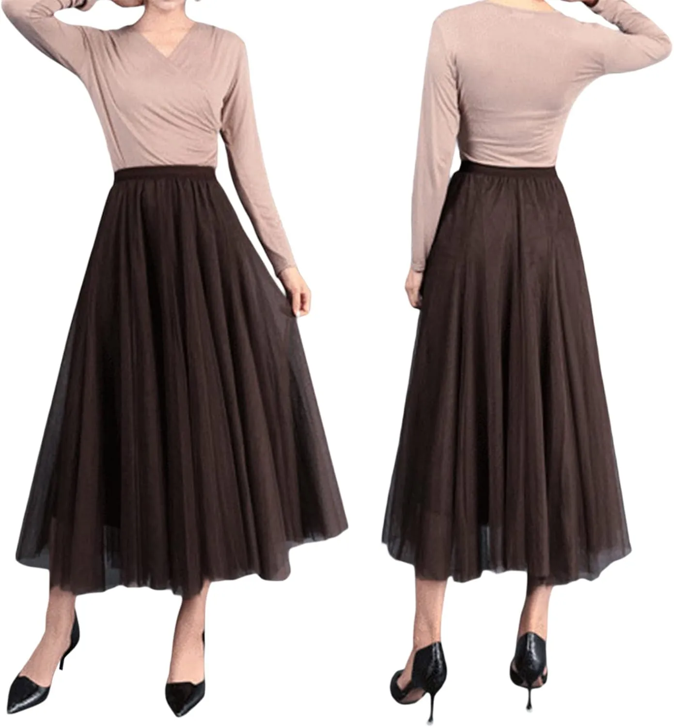 Women's Tulle Midi Skirt Elastic High Waist Layered Pleated Mesh Flowy A-Line Prom Party Long Tutu Skirts
