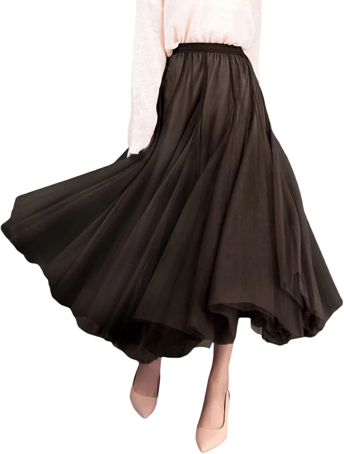Women's Tulle Midi Skirt Elastic High Waist Layered Pleated Mesh Flowy A-Line Prom Party Long Tutu Skirts