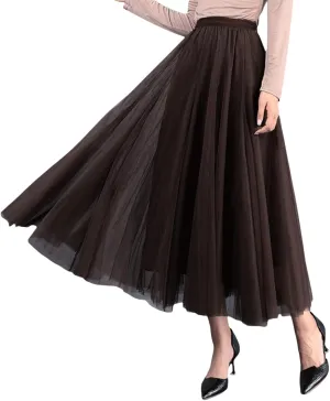 Women's Tulle Midi Skirt Elastic High Waist Layered Pleated Mesh Flowy A-Line Prom Party Long Tutu Skirts