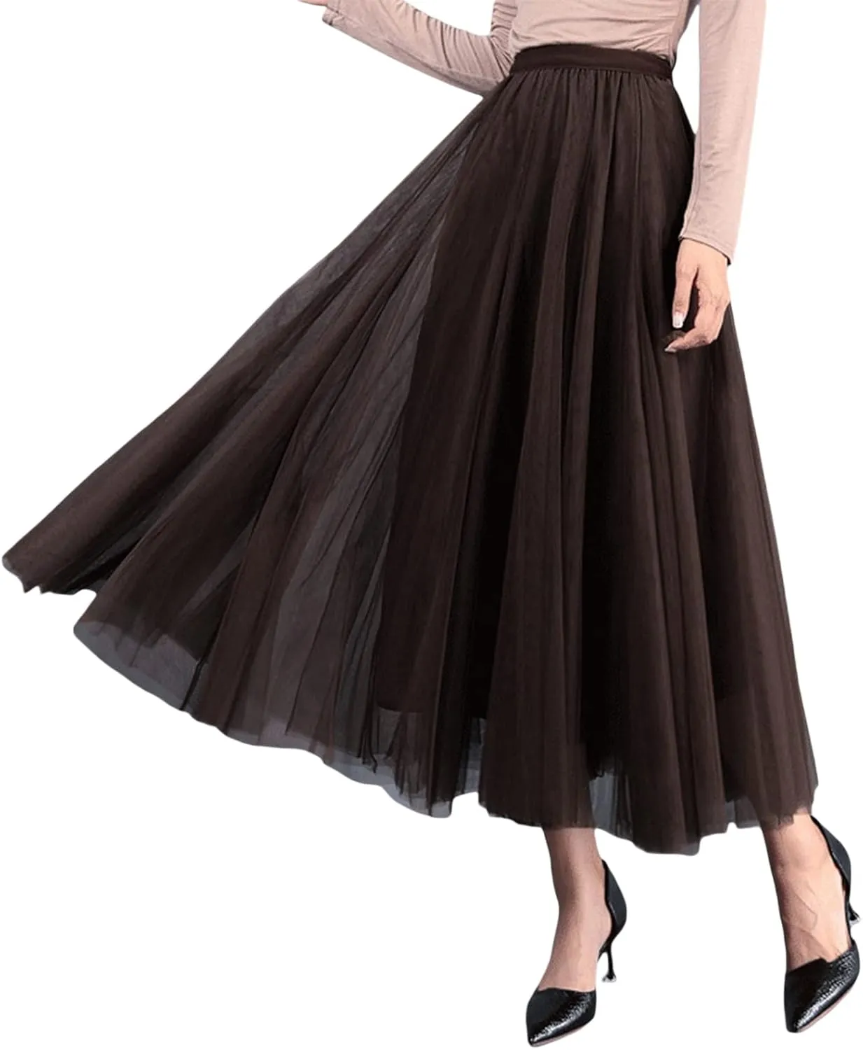 Women's Tulle Midi Skirt Elastic High Waist Layered Pleated Mesh Flowy A-Line Prom Party Long Tutu Skirts