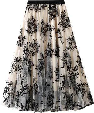 Women's Tulle Midi Skirt Elastic High Waist Layered Pleated Mesh Flowy A-Line Prom Party Long Tutu Skirts
