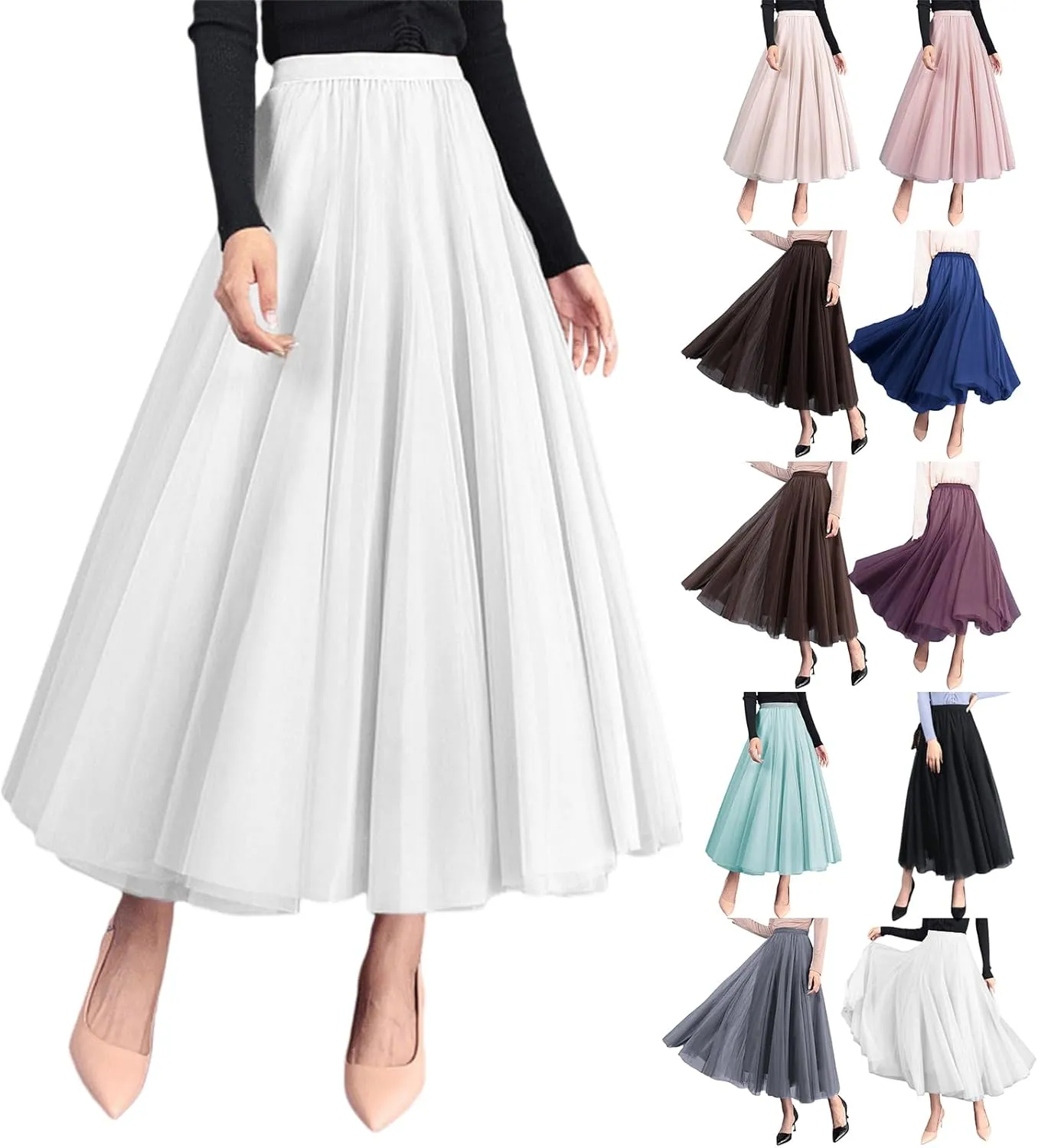 Women's Tulle Midi Skirt Elastic High Waist Layered Pleated Mesh Flowy A-Line Prom Party Long Tutu Skirts