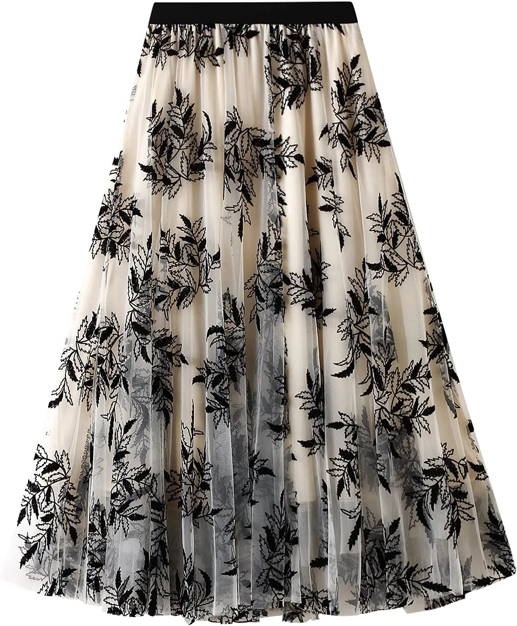Women's Tulle Midi Skirt Elastic High Waist Layered Pleated Mesh Flowy A-Line Prom Party Long Tutu Skirts