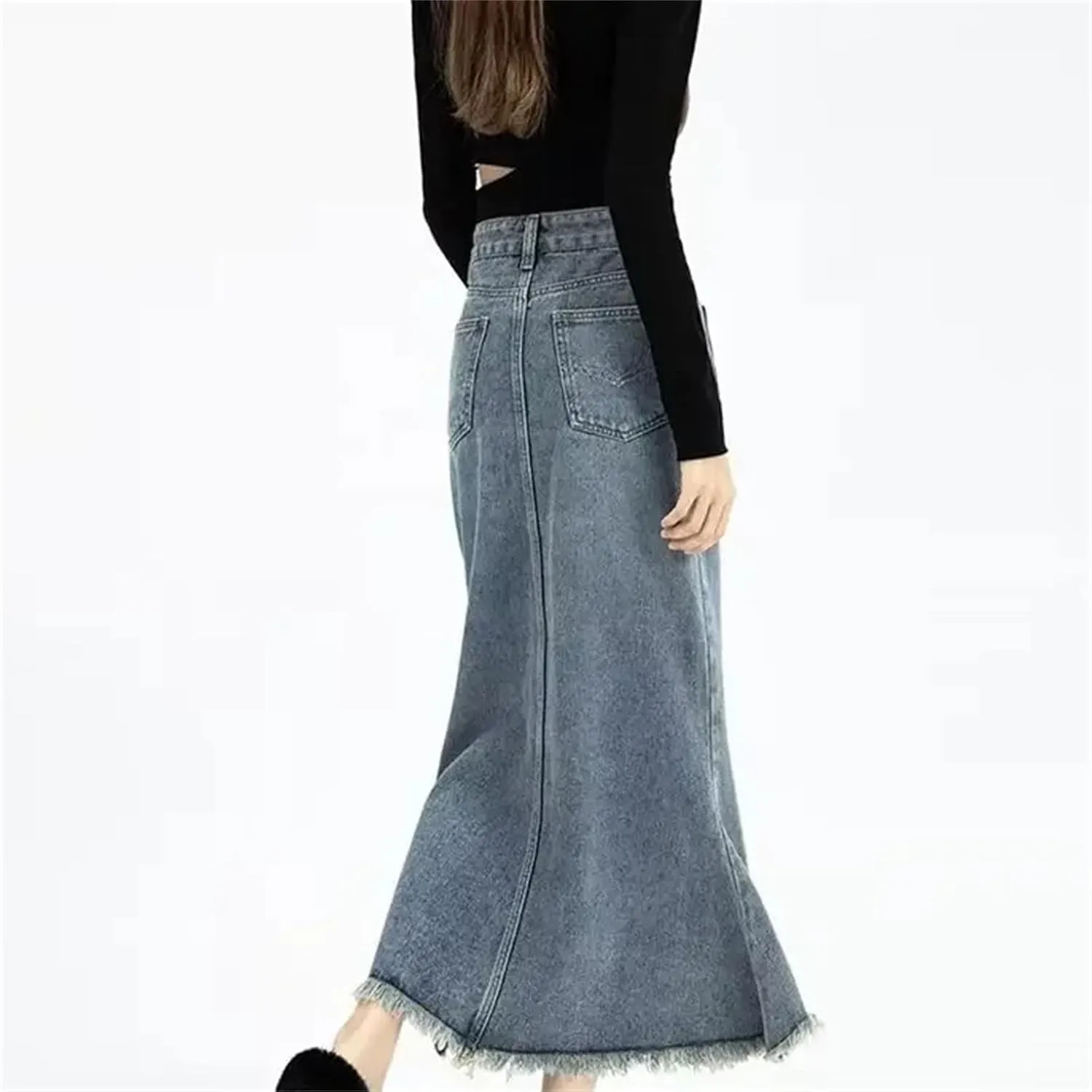 Women's Vintage High-Waisted Denim Skirt with Side Slit  Loose Fit Slimming Medium-Length Spring Skirt