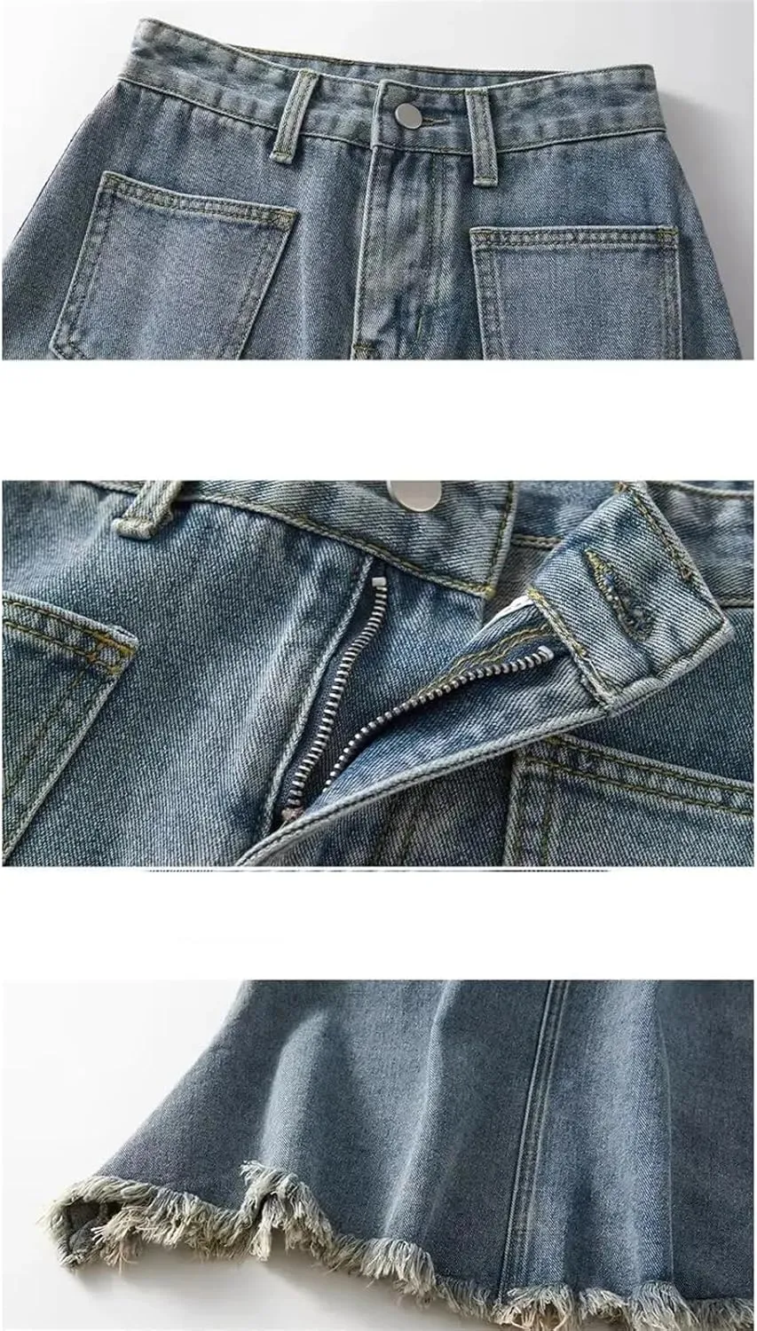 Women's Vintage High-Waisted Denim Skirt with Side Slit  Loose Fit Slimming Medium-Length Spring Skirt