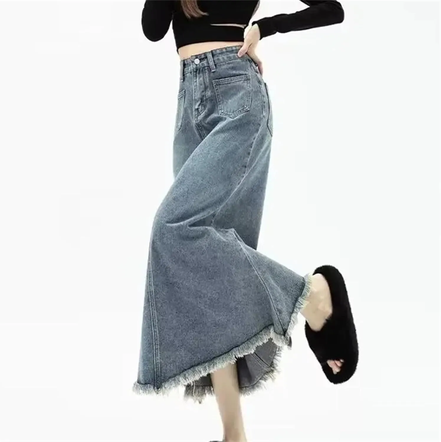 Women's Vintage High-Waisted Denim Skirt with Side Slit  Loose Fit Slimming Medium-Length Spring Skirt
