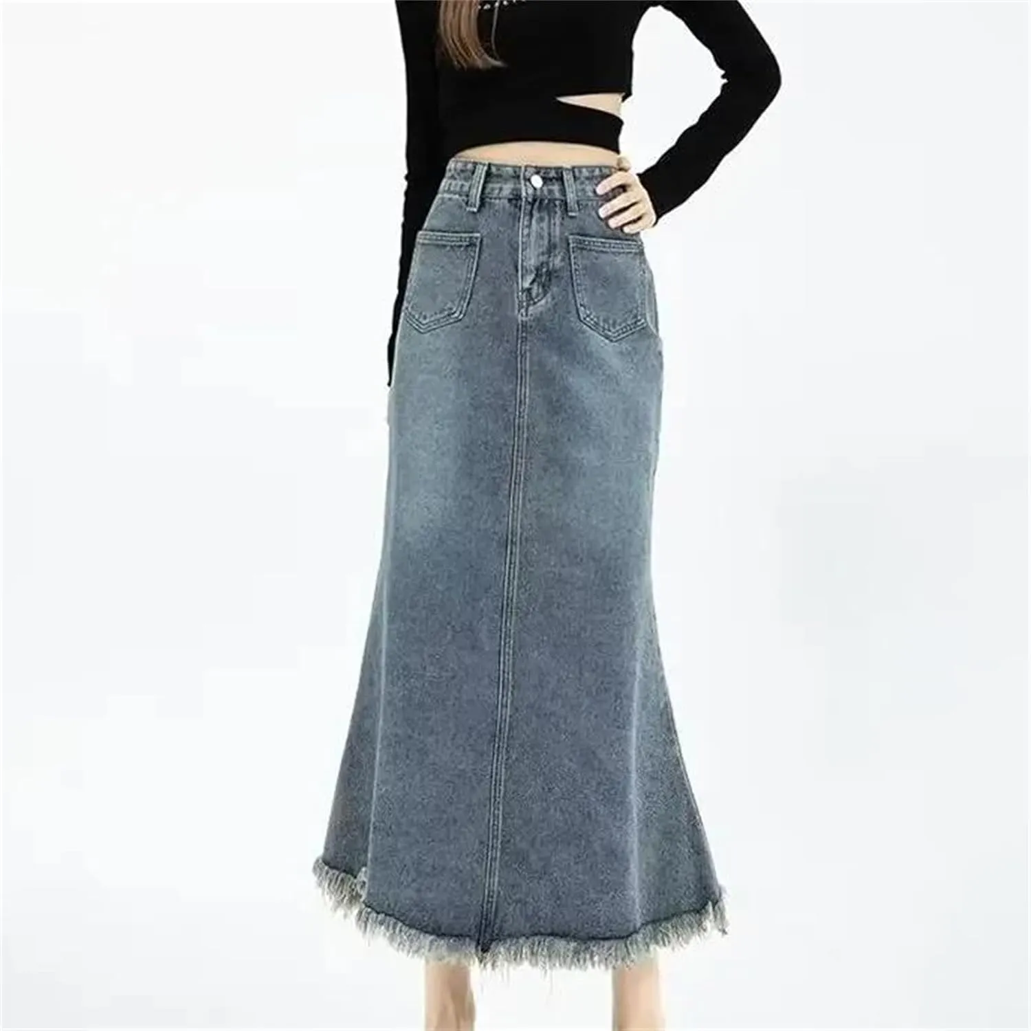 Women's Vintage High-Waisted Denim Skirt with Side Slit  Loose Fit Slimming Medium-Length Spring Skirt