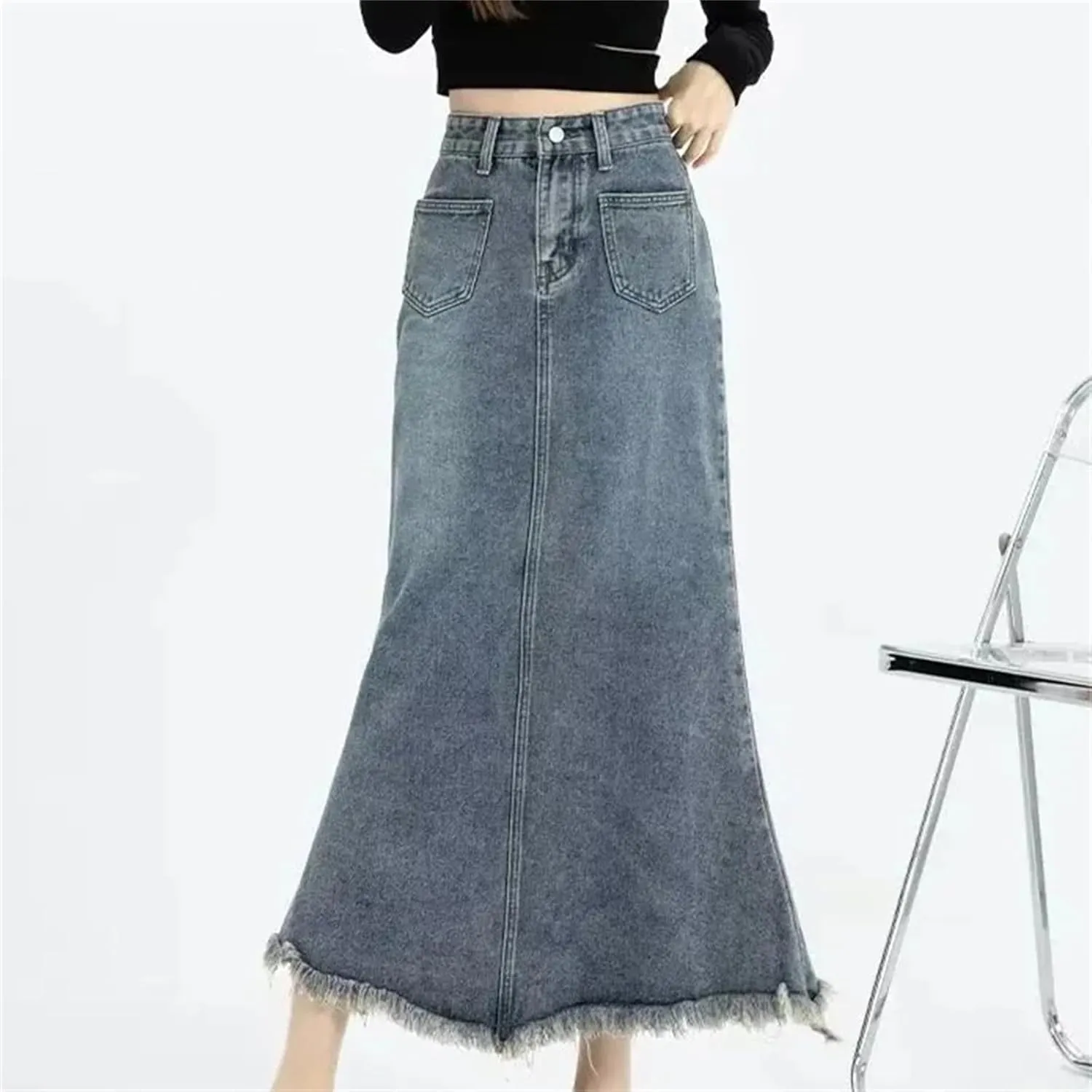 Women's Vintage High-Waisted Denim Skirt with Side Slit  Loose Fit Slimming Medium-Length Spring Skirt
