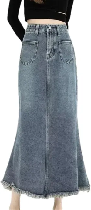 Women's Vintage High-Waisted Denim Skirt with Side Slit  Loose Fit Slimming Medium-Length Spring Skirt