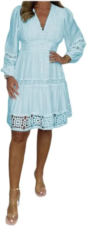 Women's Vintage Hollow Out Lace V-Neck Dress, Plus Size Dresses for Curvy Women, White Dress Women