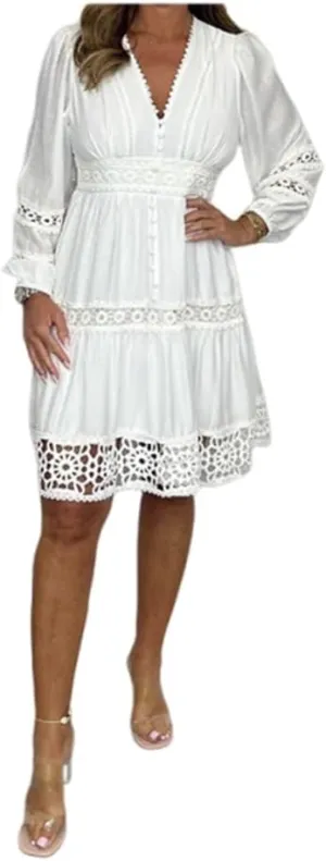 Women's Vintage Hollow Out Lace V-Neck Dress, Plus Size Dresses for Curvy Women, White Dress Women