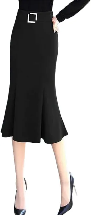 Women's Vintage Pleated Slim Midi Skirt Casual Patchwork Solid Color High Waist Knee-Length Long Skirt