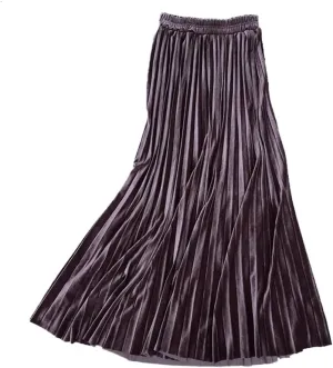 Women's Vintage Velvet Long Skirt High Waist Pleated Skirt