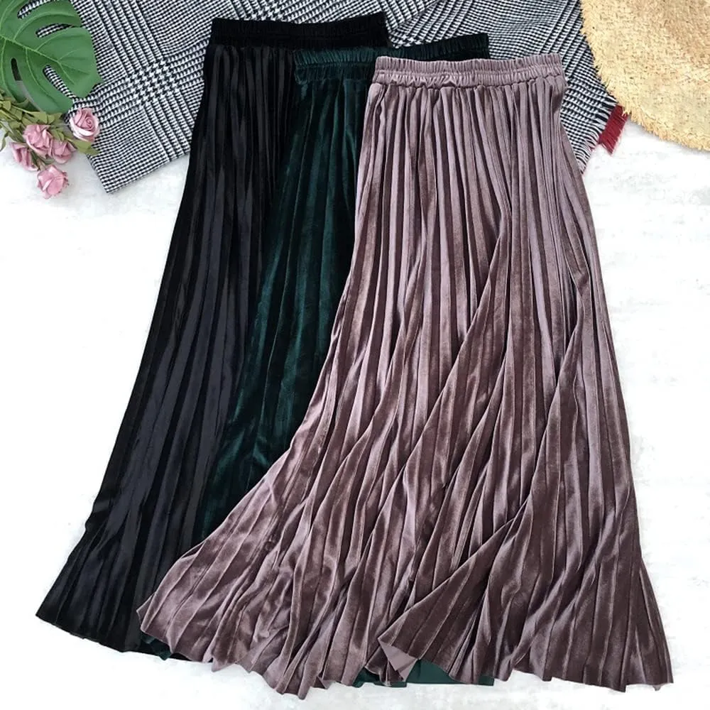Women's Vintage Velvet Long Skirt High Waist Pleated Skirt