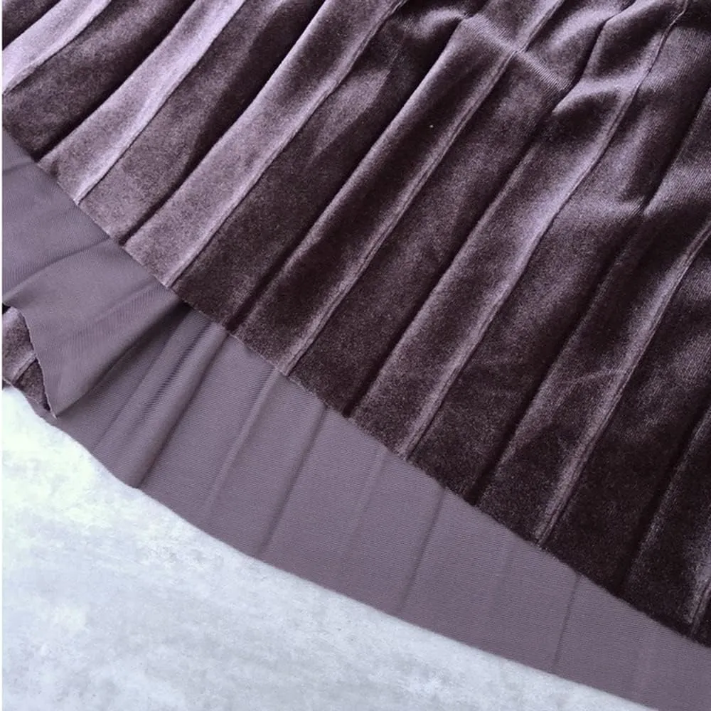 Women's Vintage Velvet Long Skirt High Waist Pleated Skirt