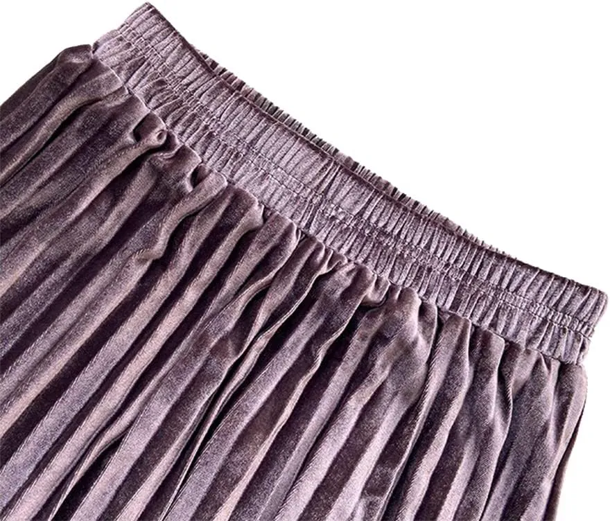 Women's Vintage Velvet Long Skirt High Waist Pleated Skirt
