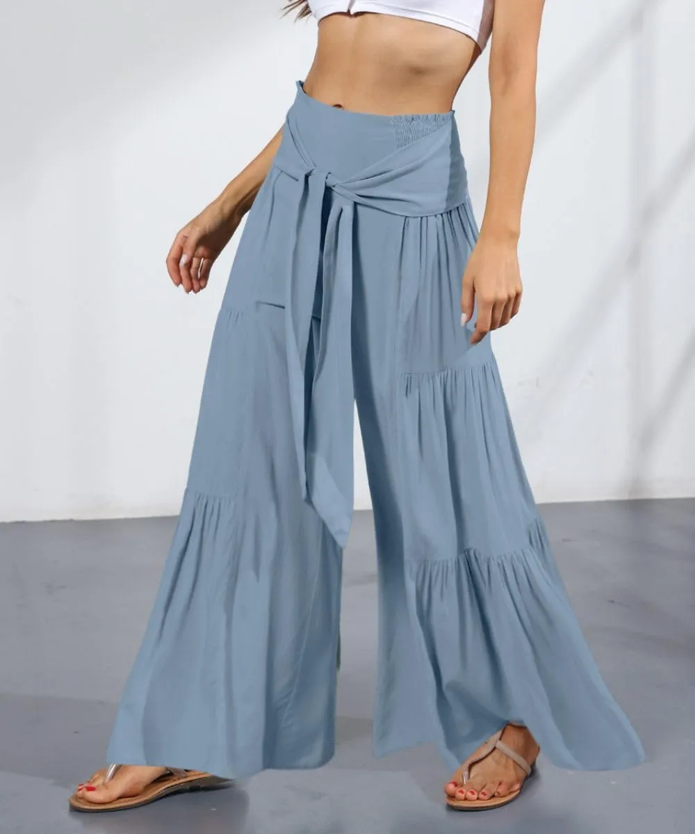 Womens Wide Leg Flared Pants Casual Long Palazzo Pants Flowy Lounge Pants High Waist Tie Knot Beach Trousers