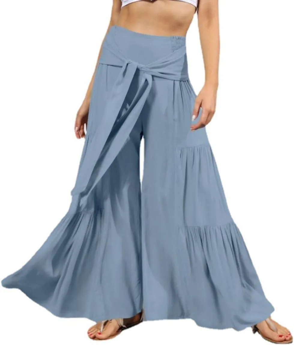 Womens Wide Leg Flared Pants Casual Long Palazzo Pants Flowy Lounge Pants High Waist Tie Knot Beach Trousers