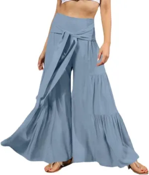 Womens Wide Leg Flared Pants Casual Long Palazzo Pants Flowy Lounge Pants High Waist Tie Knot Beach Trousers
