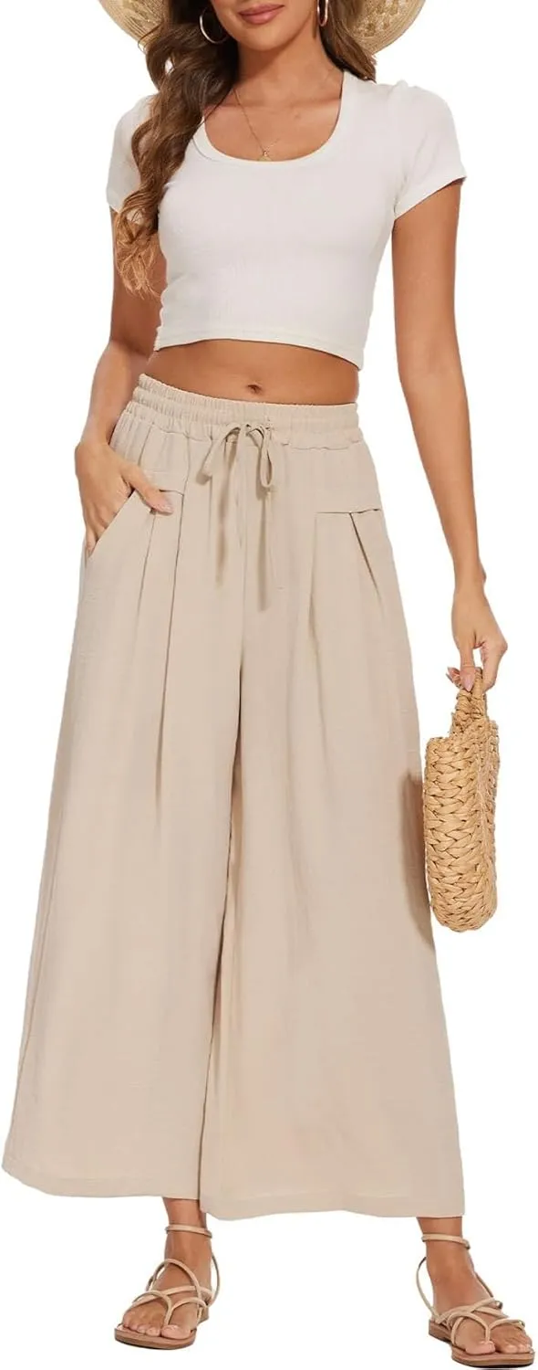 Women's Wide Leg Palazzo Pants Flowy Summer Beach Pants Drawstring Elastic High Waist Trousers with Pockets