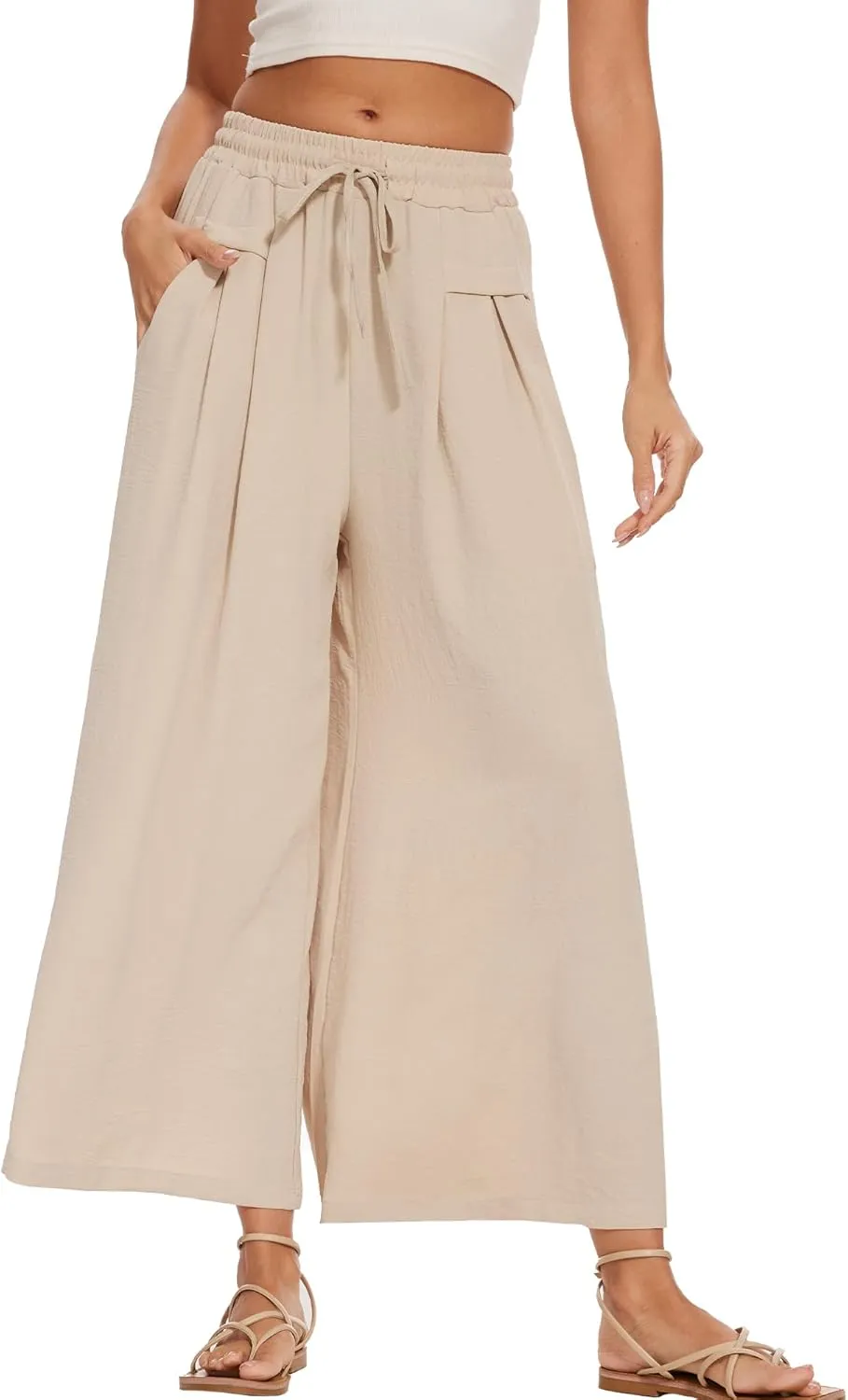 Women's Wide Leg Palazzo Pants Flowy Summer Beach Pants Drawstring Elastic High Waist Trousers with Pockets