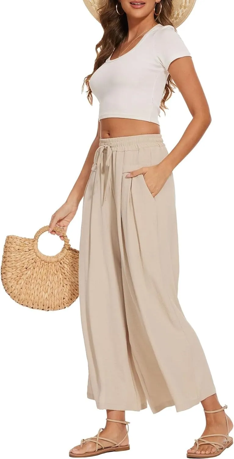 Women's Wide Leg Palazzo Pants Flowy Summer Beach Pants Drawstring Elastic High Waist Trousers with Pockets
