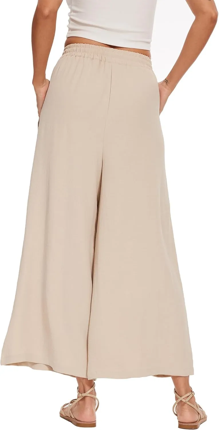 Women's Wide Leg Palazzo Pants Flowy Summer Beach Pants Drawstring Elastic High Waist Trousers with Pockets